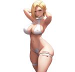  1girl android_18 armpits bikini blonde_hair blue_eyes blush breasts covered_nipples dragon_ball dragon_ball_z earrings english_commentary feikyart highleg highleg_bikini jewelry large_breasts looking_at_viewer navel short_hair solo swimsuit thigh_strap thighs 