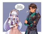  1boy 1girl apron brown_hair closed_eyes commentary cookie cyril_(fire_emblem) english_commentary english_text fire_emblem fire_emblem:_three_houses fire_emblem_heroes food hetero lysithea_von_ordelia lysithea_von_ordelia_(tea_party) maid maid_apron maid_headdress official_alternate_costume red_eyes rein_creamsoda sparkle speech_bubble upper_body white_hair 