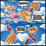  absurd_res amy_rose anthro avian bird clothing cloud colored eulipotyphlan female flying glowing group hedgehog hi_res invalid_background islands knuckles_the_echidna male male/female mammal miles_prower sea sega sky sonic_the_hedgehog sonic_the_hedgehog_(series) speech_bubble water 