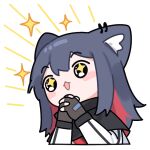  +_+ 1girl :3 animal_ears arknights black_gloves black_hair blush_stickers brown_eyes chibi ear_piercing fingerless_gloves gloves huang_qing_ye jacket own_hands_clasped own_hands_together piercing red_hair simple_background solo texas_(arknights) white_background white_jacket wolf_ears wolf_girl 