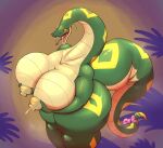  absurd_res anthro arttukorppu big_breasts big_nipples big_tail bodily_fluids breasts fangs female forked_tongue green_body green_scales hi_res huge_breasts huge_thighs hyper hyper_breasts hyper_thighs lactating long_neck long_tail looking_at_viewer milk nipples non-mammal_nipples reptile scales scalie snake solo sweat tail teeth thick_thighs thjick_tail tongue tongue_out voluptuous_female 