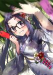  &gt;:) 1girl arm_above_head back_bow bamboo bangs black-framed_eyewear blue_hair blue_kimono blunt_bangs blurry blush bow commentary_request dappled_sunlight depth_of_field dutch_angle floral_print flower flower_ornament from_above glasses glint grin hair_flower hair_ornament highres holding_charm japanese_clothes kimono kuromasu leaf_print long_hair looking_at_viewer looking_up oogaki_chiaki outdoors purple_eyes red_flower short_eyebrows smile solo sunlight tanabata twintails v-shaped_eyebrows very_long_hair white_bow white_flower yellow_flower yukata yurucamp 