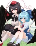  2boys bird_wings black_bow black_bowtie black_footwear black_hair black_skirt black_wings blue_dress blue_hair bow bowtie cirno collared_shirt commentary_request dress fairy hat heart heart_of_string highres knees_up looking_at_another mikan_(manmarumikan) multiple_boys multiple_girls red_eyes red_footwear red_headwear shameimaru_aya shirt short_hair short_sleeves simple_background skirt socks tokin_hat touhou white_background white_shirt white_socks wings 