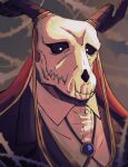  1other absurdres black_sclera bolo_tie colored_sclera elias_ainsworth formal highres horns kayukawatanuki looking_at_viewer mahou_tsukai_no_yome portrait red_headwear skull solo suit thorns 
