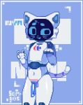  anthro blue_eyes border digital_media_(artwork) domestic_cat eyebrows felid feline felis flaccid for_a_head genitals gesture glistening glistening_genitalia glistening_penis hi_res machine male mammal markings multicolored_body nya object_head penis pixel_(artwork) pixelated robot scimbos screen screen_face screen_head segmented_body solo symbol tail tail_markings text translucent translucent_penis two_tone_body v_sign whiskers white_body white_skin 