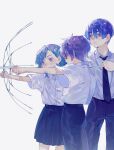  1girl 2boys aiming blue_eyes blue_hair blue_necktie blue_skirt bow_(weapon) broken_umbrella bullying collared_shirt commentary_request cowboy_shot drawing_bow dress_shirt from_side glasses gr_7 hair_ornament hairclip highres holding holding_bow_(weapon) holding_umbrella holding_weapon looking_to_the_side multiple_boys necktie original outstretched_arm pleated_skirt purple_eyes purple_hair school_uniform shirt shirt_tucked_in short_sleeves simple_background skirt standing swept_bangs umbrella weapon white_background white_shirt 