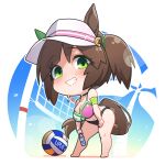  1girl adapted_costume animal_ears armband baseball_cap bikini bottle breasts chibi choker cleavage ear_covers full_body green_eyes grin hat highres holding holding_bottle horse_ears horse_girl horse_tail ines_fujin_(umamusume) large_breasts looking_at_viewer multicolored_bikini multicolored_clothes short_hair side_ponytail single_ear_cover smile solo swimsuit tail teeth umamusume volleyball volleyball_net warashi white_headwear 