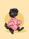  abilify_(character) anthro aurora_bloom_(artist) baggy_clothing clothing eyebrows facial_markings hair head_markings hi_res hyena male mammal mane mane_hair markings pawpads raised_eyebrows simple_background sitting smile solo spotted_hyena sweater teeth_showing topwear 
