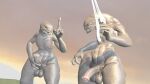  2023 3d_(artwork) abs alien angry anthro areola balls big_areola curvy_figure digital_media_(artwork) duo energy_sword erect_nipples erection flaccid genitals grass halo_(series) holding_object holding_penis holding_weapon male male/male mammal masturbation melee_weapon microsoft muscular muscular_male nauiho nipples one_hand_up open_mouth penis plant saggy_balls sangheili scenery sky source_filmmaker sword weapon xbox xbox_game_studios 
