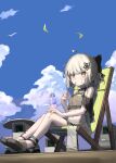  1girl absurdres ahoge alternate_costume anklet arknights bare_shoulders bikini black_footwear blue_sky breasts brown_bikini food grey_hair highres holding holding_food infection_monitor_(arknights) jewelry looking_at_viewer oripathy_lesion_(arknights) outdoors polyvora sandals scene_(arknights) shaved_ice short_hair sky small_breasts solo swimsuit utensil_in_mouth yellow_eyes 