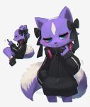  1girl aggressive_retsuko artist_name black_bow black_jacket blue_eyes body_fur bottomless bow cellphone cowboy_shot eyeliner furry furry_female hair_bow half-closed_eyes hand_in_pocket hand_up headphones headphones_around_neck high_collar highres holding holding_phone jacket looking_at_viewer makeup multiple_views phone platform_footwear porforever purple_fur shikabane_(aggretsuko) simple_background sitting skunk_ears skunk_girl skunk_tail smartphone standing track_jacket two-tone_fur white_background white_fur zipper zipper_pull_tab 