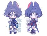  2boys animal_ears animal_feet animal_hands black_jacket black_shorts blue_eyes blue_hair cat_boy cat_ears cat_paws cat_tail chibi crossed_arms dual_persona full_body genshin_impact highres hoho_oc jacket looking_at_viewer multiple_boys scaramouche_(genshin_impact) shorts simple_background tail tassel tasuki tongue tongue_out wanderer_(genshin_impact) white_background 