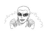  1boy cropped_shoulders donquixote_doflamingo eyelashes eyeshadow fingernails fur_coat greyscale hands_up lipstick makeup male_focus mature_male meme mg_cls monochrome one_piece parody parted_lips sharp_fingernails short_hair smile solo sunglasses thick_eyebrows thick_lips v-shaped_eyebrows white_background yassification_(meme) 