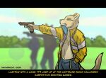  absurd_res anthro chain clothing colored cyberpunk felid feline field gun handgun hi_res jacket lazypaw male mammal pistol ranged_weapon thathornycat topwear weapon 