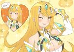  1girl :p absurdres blonde_hair blush breasts cleavage commentary_request elbow_gloves floral_background gloves highres kawaikute_gomen_(honeyworks) large_breasts long_hair mythra_(xenoblade) one_eye_closed ryochan96154 smile speech_bubble swept_bangs tiara tongue tongue_out upper_body white_gloves xenoblade_chronicles_(series) xenoblade_chronicles_2 yellow_background yellow_eyes 