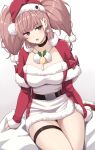  1girl absurdres atlanta_(kancolle) breasts cleavage cleavage_cutout clothing_cutout cowboy_shot earrings hat highres jewelry kantai_collection kapatarou santa_costume santa_hat sitting solo star_(symbol) star_earrings thigh_strap two_side_up 