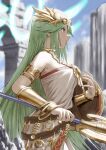  1girl armlet bare_shoulders belt blurry blurry_background bracelet breasts brown_belt chain choker commentary_request dress fagi_(kakikaki) forehead_jewel from_side gold_choker green_eyes green_hair hair_ornament highres holding holding_polearm holding_staff holding_weapon jewelry kid_icarus kid_icarus_uprising long_hair medium_breasts multiple_belts necklace outdoors palutena polearm profile shield solo staff strapless strapless_dress very_long_hair weapon white_dress 