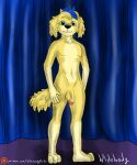  absurd_res anthro bird_dog blue_hair canid canine canis domestic_dog fur genitals golden_retriever green_eyes hair hi_res hunting_dog male mammal moby_(paw_patrol) mobywidebody nude paw_patrol penis retriever smile solo yellow_body yellow_fur 