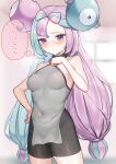  1girl absurdres aqua_hair asymmetrical_bangs bare_shoulders bike_shorts blush breasts closed_mouth covered_navel cowboy_shot grey_shirt hand_on_hip highres honeycomb_(pattern) iono_(pokemon) long_hair looking_at_viewer low-tied_long_hair magnemite medium_breasts multicolored_hair pipi20211026 pokemon pokemon_(game) pokemon_sv purple_eyes purple_hair shirt sleeveless sleeveless_shirt solo thought_bubble translation_request two-tone_hair very_long_hair 