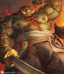  anthro armpit_hair body_hair chest_hair fangs ganondorf green_body green_skin hi_res lindong male mammal muscular muscular_anthro muscular_male nintendo nipple_piercing nipples piercing red_eyes solo suid suina sus_(pig) tattoo teeth the_legend_of_zelda 