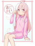  1girl ahoge bangs bare_legs brown_eyes copyright_name expressionless feet_out_of_frame hair_between_eyes highres hood hood_down hoodie light_blush long_sleeves looking_at_viewer male-female_symbol onii-chan_wa_oshimai! oyama_mahiro pink_hair pink_hoodie saiste simple_background sitting solo towel water_drop wet wet_hair white_background zipper_pull_tab 