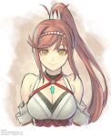  1girl bare_shoulders breasts cleavage detached_sleeves flat_chest glimmer_(xenoblade) gofelem green_eyes hair_ornament headband high_ponytail long_hair looking_at_viewer medium_breasts red_eyes smile solo upper_body very_long_hair xenoblade_chronicles_(series) xenoblade_chronicles_3 