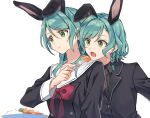  2girls akni animal_ears aqua_hair bang_dream! black_shirt black_suit bow bowtie braid carrot commentary_request feeding food fork green_eyes hikawa_hina hikawa_sayo holding holding_fork long_hair looking_at_food medium_hair multiple_girls open_mouth plate rabbit_ears red_bow red_bowtie sailor_collar school_uniform shirt siblings sisters suit twins white_sailor_collar 