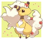  2027_(submarine2027) ampharos blush border brown_eyes closed_mouth commentary_request flower_(symbol) full_body green_background looking_at_viewer looking_to_the_side mega_ampharos mega_pokemon no_humans outside_border pokemon pokemon_(creature) simple_background smile solo white_border 