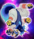  2023 3_toes artist_name claws digital_media_(artwork) dizzymilky feet feral fur generation_7_pokemon hi_res hybrid legendary_pokemon lycanroc male midday_lycanroc multicolored_body multicolored_fur nintendo open_mouth pawpads pokemon pokemon_(species) solgaleo solo space star toe_claws toes tongue tongue_out upside_down 