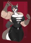  anthro armwear breasts canid canid_demon choker cleavage clothed clothing collar demon female fishnet fishnet_armwear hair hellhound hi_res jewelry long_hair mammal muscular muscular_anthro muscular_female necklace red_sclera solo white_eyes wmdiscovery93 