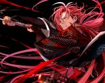  1boy arms_up black_background black_gloves blood blood_from_mouth blood_on_face clenched_teeth commentary_request earclip earrings fate/grand_order fate_(series) fingerless_gloves floating_hair gloves hair_between_eyes highres holding holding_sword holding_weapon japanese_clothes jewelry long_hair male_focus morita_yuu multicolored_hair parted_bangs parted_lips profile red_eyes red_hair simple_background solo sword takasugi_shinsaku_(fate) teeth v-shaped_eyebrows very_long_hair weapon white_hair wide_sleeves 