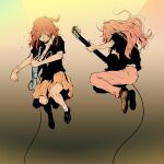  2girls black_shirt bocchi_the_rock! brown_footwear electric_guitar full_body gotou_hitori guitar highres holding holding_instrument instrument jumping kita_ikuyo loafers long_hair multiple_girls music pants pink_hair pink_pants playing_instrument red_hair shirt shoes short_sleeves sketch skirt t-shirt tamaoki_benkyou track_pants yellow_eyes 