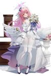  1girl angel_wings black_footwear blue_archive blush bouquet breasts cleavage closed_mouth commentary dress feathered_wings flower full_body halo high_heels highres holding holding_bouquet large_breasts leviathan_(hikinito0902) long_hair looking_at_viewer low_wings mika_(blue_archive) pink_hair pink_halo simple_background smile solo standing thighhighs very_long_hair white_background white_dress white_flower white_thighhighs white_wings wings yellow_eyes 