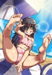  1girl alternate_costume beach bikini black_hair blue_eyes feet foot_focus highres kuroki_tomoko long_hair looking_at_viewer nail_polish parasol pink_nails swimsuit toenail_polish toenails umbrella usa4342 watashi_ga_motenai_no_wa_dou_kangaetemo_omaera_ga_warui! 