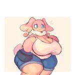  2023 anthro audino big_breasts biped blue_eyes border breasts chubby_female clothed clothing curvy_figure female generation_5_pokemon hi_res huge_breasts lightmizano looking_at_viewer nintendo pokemon pokemon_(species) purse simple_background solo standing voluptuous voluptuous_female white_border wide_hips yellow_background 