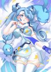  1girl :o altaria blue_eyes blue_hair blush breasts bright_pupils commentary_request crossover detached_sleeves evolutionary_line eyelashes flying_miku_(project_voltage) gloves hair_ribbon hand_up highres inue_ao long_hair nail_polish parted_lips pokemon pokemon_(creature) project_voltage ribbon see-through see-through_shorts see-through_sleeves shorts shorts_under_shorts single_glove swablu thighhighs twintails vocaloid white_pupils white_shorts white_thighhighs 