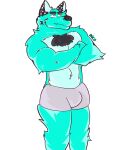  anthro azarskittles black_body black_fur blue_body blue_fur canid canine canis clothed clothing erection erection_under_clothing felid fur green_eyes hi_res male male/male mammal nico_(arineko) simple_background solo text underwear 