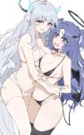  2girls absurdres bare_arms bare_shoulders bikini black_bikini black_horns black_tail black_thighhighs black_wings blue_archive blush breasts cameltoe collarbone demon_tail demon_wings grey_hair halo head_wings highres horns large_breasts long_hair looking_at_viewer mechanical_halo medium_breasts multiple_girls noa_(blue_archive) open_mouth purple_eyes purple_hair simple_background smile swimsuit tail thighhighs two_side_up urosu_(678_ner) white_background white_bikini white_tail white_thighhighs white_wings wings yuuka_(blue_archive) 