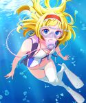  1girl absurdres air_bubble alice_margatroid bikini blonde_hair breasts bubble cleavage commentary_request commission diving_mask diving_regulator frilled_hairband frills goggles hairband highres kisaragi_koushi lolita_hairband medium_breasts medium_hair oxygen_tank pixiv_commission red_hairband scuba scuba_gear scuba_tank solo swimsuit thighs touhou underwater white_bikini 