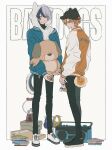  2boys alternate_costume animal_ears animal_keychain aoyagi_touya baseball_cap black_footwear black_pants blonde_hair blue_hair box cd_case commentary dog_tail earrings fake_animal_ears full_body green_eyes grey_eyes hat headphones highres holding holding_stuffed_toy hood hood_up hoodie jacket jacket_over_hoodie jewelry llli_illli_illl long_sleeves looking_at_viewer looking_to_the_side male_focus multicolored_hair multiple_boys open_clothes open_jacket orange_hair pants project_sekai radio shinonome_akito shoelaces short_hair sideways_glance split-color_hair standing stuffed_animal stuffed_dog stuffed_toy symbol-only_commentary tail two-tone_hair white_background white_hoodie 