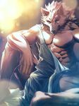  abs anthro biceps brown_body brown_fur bulge canid canine canis clothing fur hi_res male mammal muscular muscular_anthro muscular_male pecs red_eyes sky_gomi solo wolf 