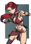  1girl abs arm_guards bikini boots border breasts closed_mouth english_commentary grey_background holding holding_sword holding_weapon long_hair looking_at_viewer mortal_kombat_(series) mortal_kombat_9 muscular muscular_female navel ninja no_mask pelvic_curtain ponytail red_bikini red_eyes red_hair reverse_grip rggr short_sword skarlet smile solo swimsuit sword tantou thigh_boots v-shaped_eyebrows weapon white_border 