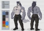  5_fingers abs anjing_kampuss anthro belt biceps biped blue_eyes bottomwear canid canine canis clothed clothing color_swatch countershade_face countershade_fur countershade_neck countershade_torso countershading english_text eyebrows facial_hair fingers footwear fur grey_body grey_fur hair hi_res male mammal model_sheet muscular muscular_anthro muscular_male pants pecs shoes solo tail text topless topless_anthro topless_male wolf 