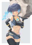  1girl absurdres armpit_crease belt black_tank_top black_thighhighs blue_hair blush body_markings border breasts commentary_request fiery_hair grey_background hand_on_own_hip highres holding_rock looking_at_viewer medium_hair navel ponytail revvie sena_(xenoblade) short_shorts shorts signature simple_background small_breasts smile solo tank_top thighhighs white_border xenoblade_chronicles_(series) xenoblade_chronicles_3 