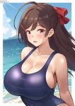  1girl ahoge beach blue_one-piece_swimsuit blush breasts brown_hair cloud cloudy_sky competition_school_swimsuit covered_navel day hair_ornament hair_ribbon hairclip highres kantai_collection large_breasts long_hair looking_at_viewer mamiya_(kancolle) ocean one-piece_swimsuit open_mouth ponytail ribbon sand school_swimsuit shiromaru_(maniado) sky smile swimsuit upper_body water 