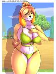  2023 absurd_res accessory animal_crossing anthro bell big_breasts bikini black_nose blonde_hair breasts canid canine canis clothing cloud domestic_dog female floppy_ears flower fur green_bikini green_clothing green_swimwear hair hair_accessory hair_ribbon hand_on_breast hands_behind_back hi_res huge_breasts isabelle_(animal_crossing) mammal multicolored_body multicolored_fur navel nintendo plant red_eyes ribbons sand shih_tzu short_tail silverray17 sky solo swimwear tail tent toy_dog tree two_tone_body two_tone_fur white_body white_fur yellow_body yellow_fur 