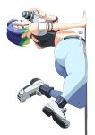  1girl armlet ass automatic_giraffe black_choker black_socks black_sports_bra blue_hair blue_pants breasts brown_eyes camera choker commentary dated denim english_commentary full_body green_hair grey_footwear highres holding holding_camera huge_ass jeans legs_up looking_at_viewer looking_back medium_breasts midriff multicolored_hair on_floor pants perrin_(pokemon) pokemon pokemon_(game) pokemon_sv rotated short_hair single-lens_reflex_camera socks solo sports_bra torn_clothes torn_jeans torn_pants undershirt watch wristwatch 