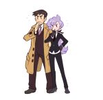  1boy 1girl anabel_(pokemon) brown_hair coat collared_shirt full_body hand_on_own_chin hand_on_own_hip high_heels looker_(pokemon) necktie pokemon pokemon_(game) pokemon_sm purple_hair shirt simple_background standing trench_coat vergolophus white_background 