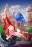  2021 3_fingers avian bird blue_body blue_wings boat bridge canal city cloud digital_media_(artwork) duo eon_duo evening female feral fingers flying generation_3_pokemon gondola_(boat) hi_res latias latios legendary_duo legendary_pokemon looking_at_another looking_at_viewer male mikapoofs nintendo open_mouth open_smile outside plant pokemon pokemon_(species) red_body red_eyes red_wings shrub signature smile street_lamp vehicle venice water watercraft wave window wings yellow_eyes 