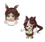  &gt;_&lt; 2girls :d absurdres animal_ears bee_costume bee_wings bendy_straw blue_bow blush_stickers bow bowl brown_hair chibi closed_eyes commentary_request cup dokomon drinking_glass drinking_straw ear_bow eating fine_motion_(umamusume) food grey_hair hair_between_eyes hair_bun hair_ornament hair_ribbon high_ponytail highres holding holding_bowl holding_cup horse_ears insect_wings korean_commentary multicolored_hair multiple_girls noodles pink_ribbon ponytail ramen ribbon shoes simple_background smile streaked_hair striped tokai_teio_(umamusume) umamusume v-shaped_eyebrows white_background wings xd yellow_footwear 